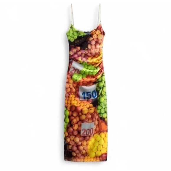 Zara Ruched Mesh Fruit Stand Print Strappi Maxi Dress Size Small Colorful NWT - Picture 1 of 6